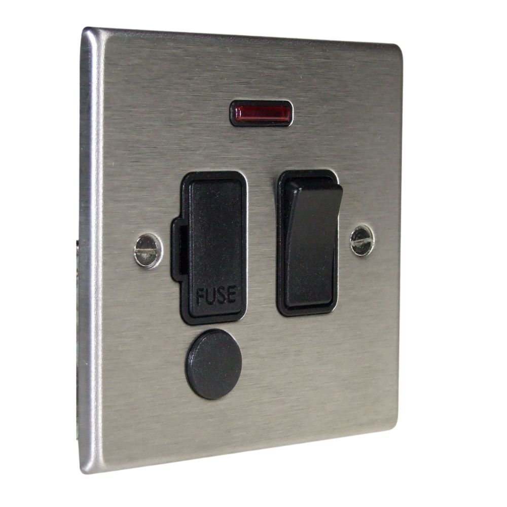 Satin Stainless Raised Metal Plate Switch Fuse Spur with Neon and Cord Outlet Black