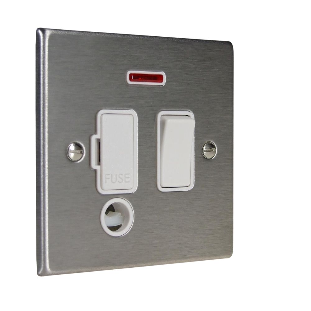 Satin Stainless Raised Metal Plate Switch Fuse Spur with Neon and Cord Outlet White