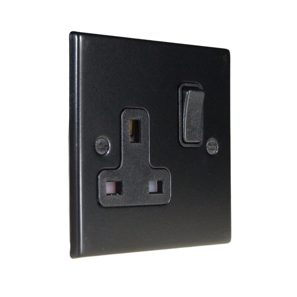 Matt Black Raised Metal Plate Single Switched Socket Black