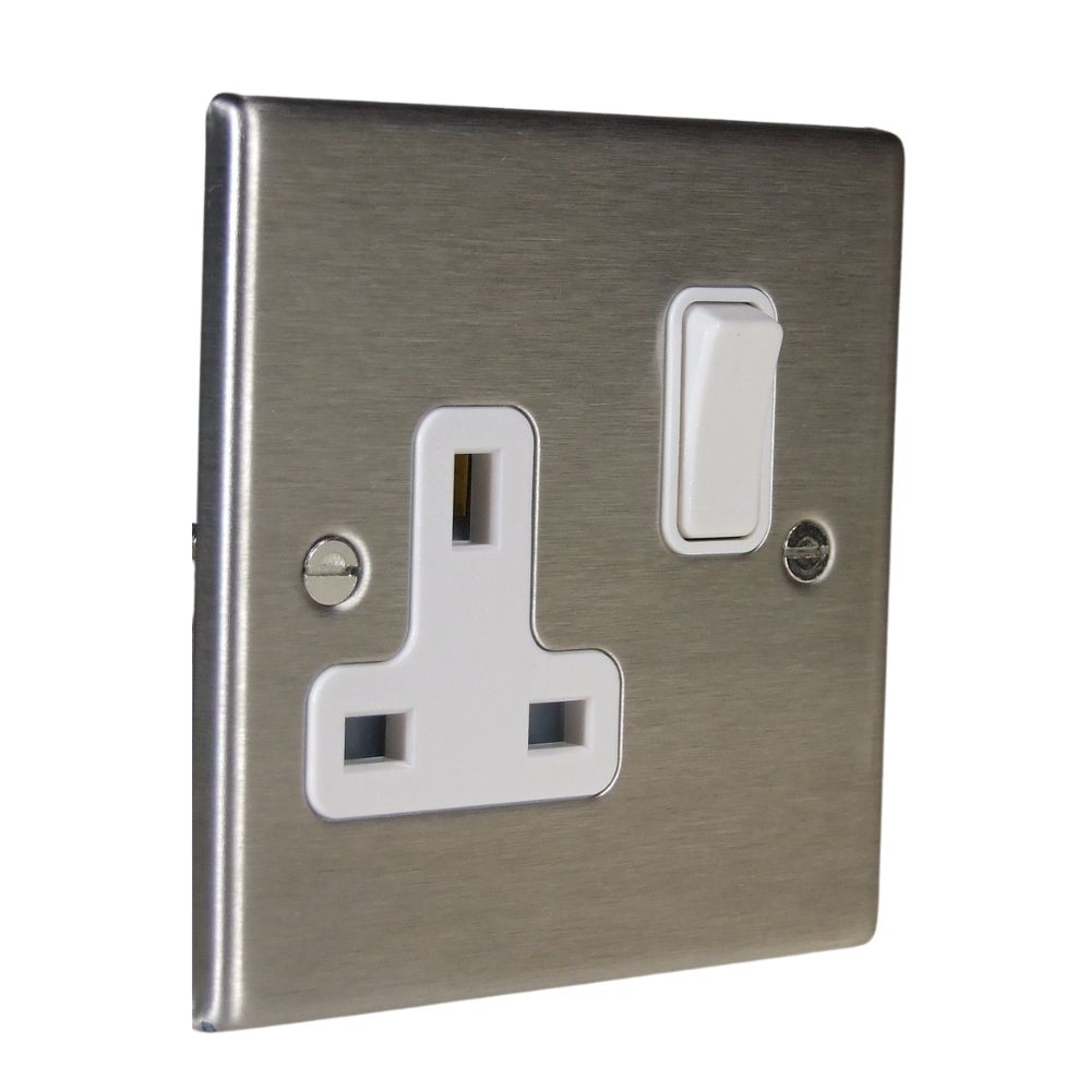 Satin Stainless Raised Metal Plate Single Switched Socket White