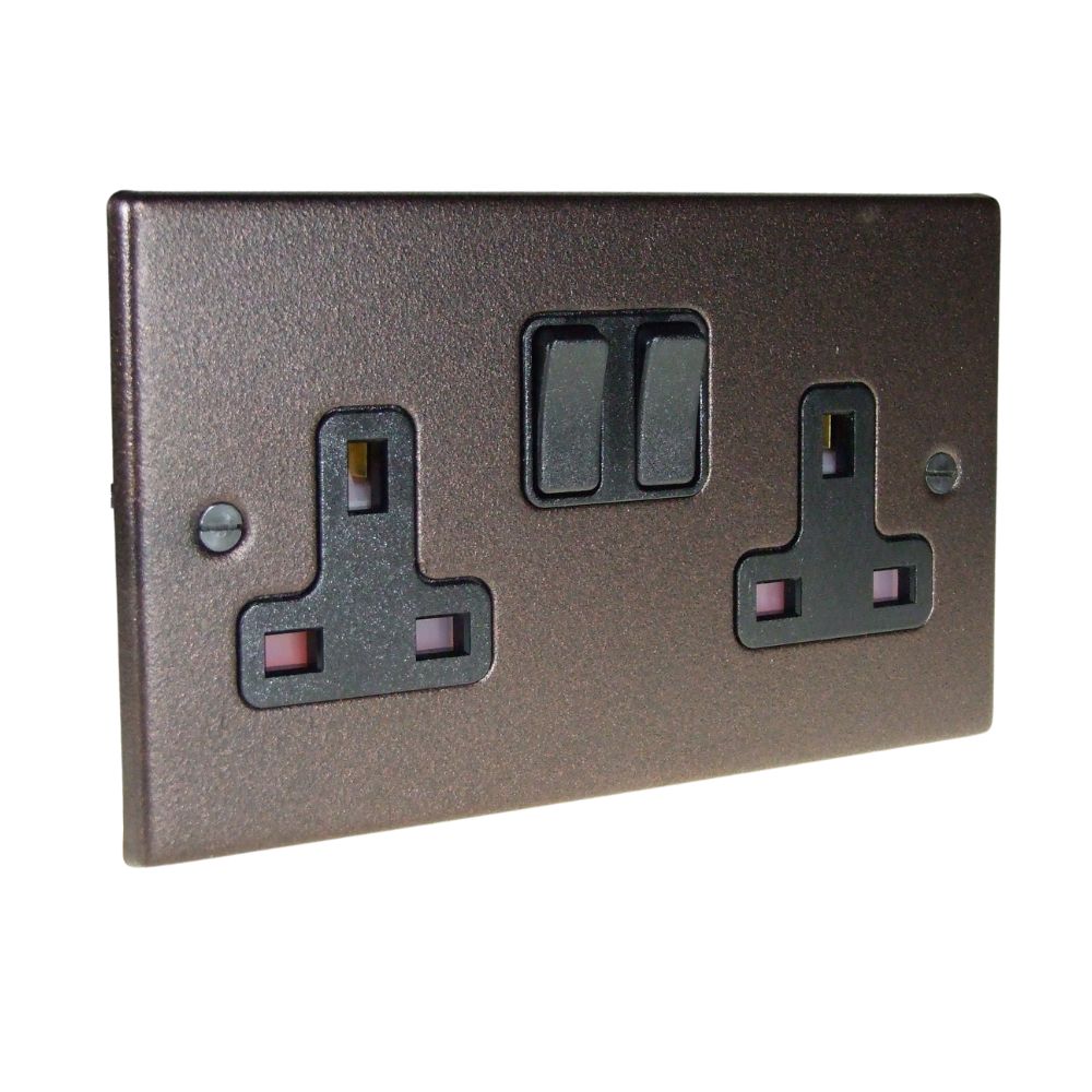 Copper Bronze Raised Metal Plate Double Switched Socket Black