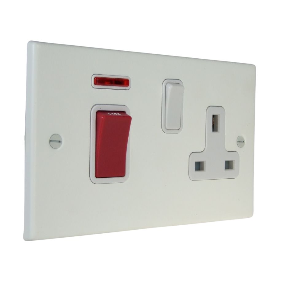 Matt White Raised Metal Plate Double Pole Cooker Switch with Switched Socket White