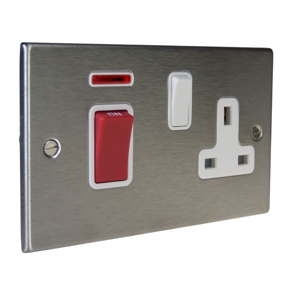 Satin Stainless Raised Metal Plate Double Pole Cooker Switch with Switched Socket White