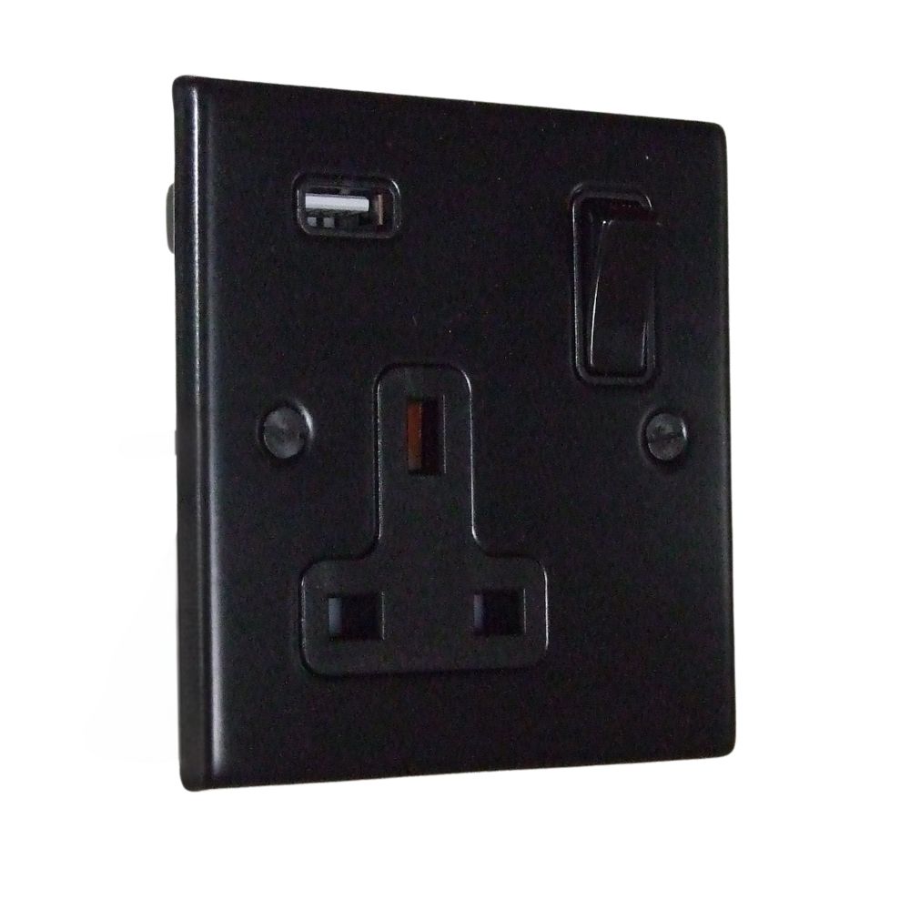 Matt Black Raised Metal Plate Single Switched USB Socket Black