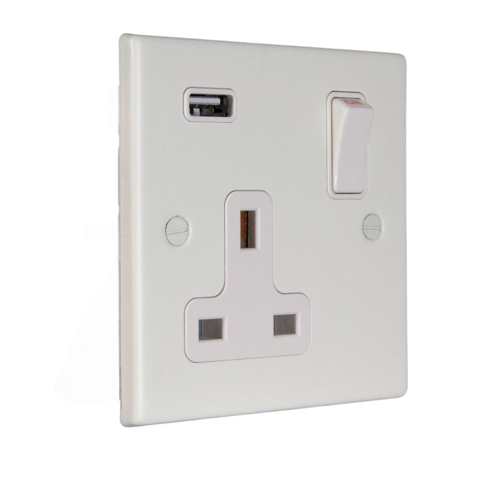 Matt White Raised Metal Plate Single Switched USB Socket White