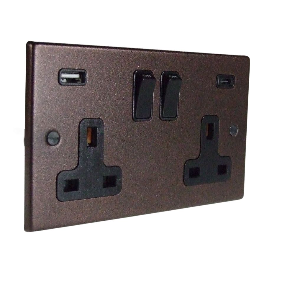 Copper Bronze Raised Metal Plate Double Switched USB A+C Socket Black