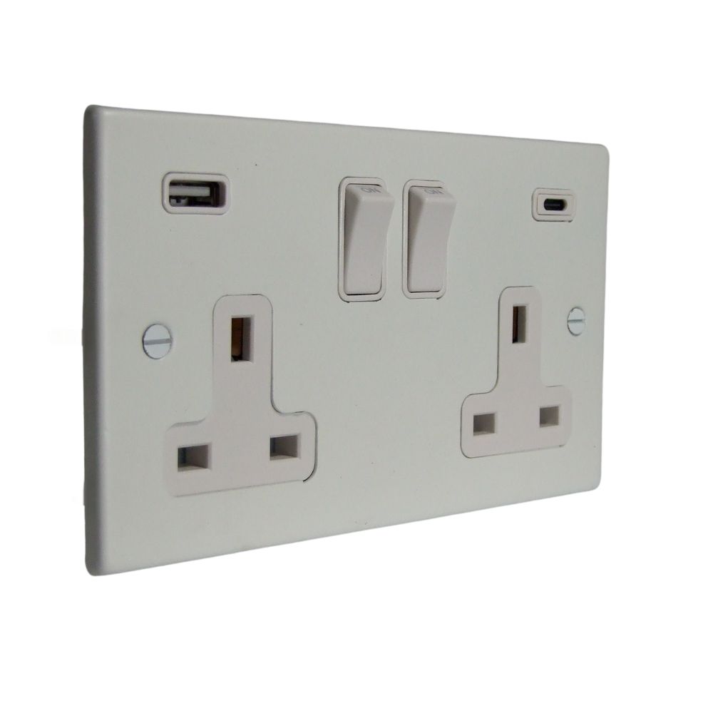Matt White Raised Metal Plate Double Switched USB A+C Socket White