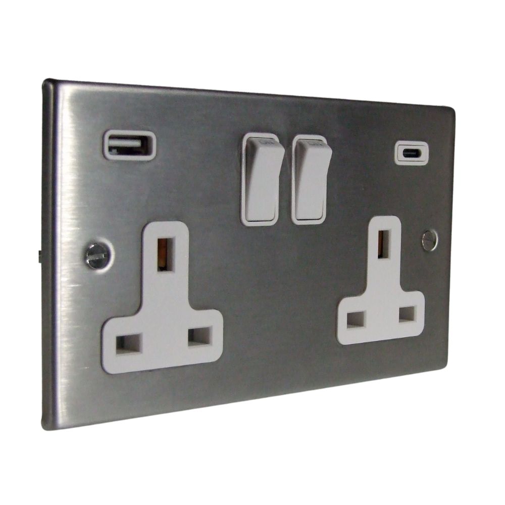 Satin Stainless Raised Metal Plate Double Switched USB A+C Socket White