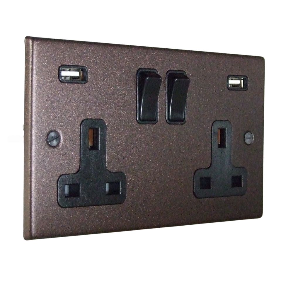 Copper Bronze Raised Metal Plate Double Switched USB Socket Black