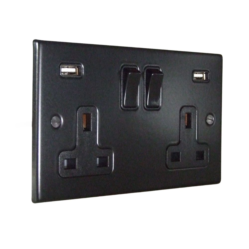 Matt Black Raised Metal Plate Double Switched USB Socket Black