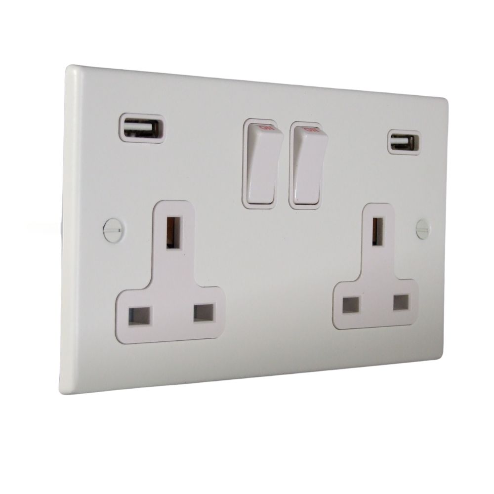 Matt White Raised Metal Plate Double Switched USB Socket White