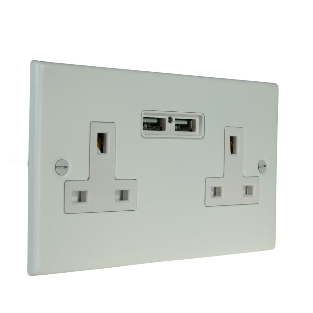 Matt White Raised Metal Plate Unswitched Double Socket with USB White