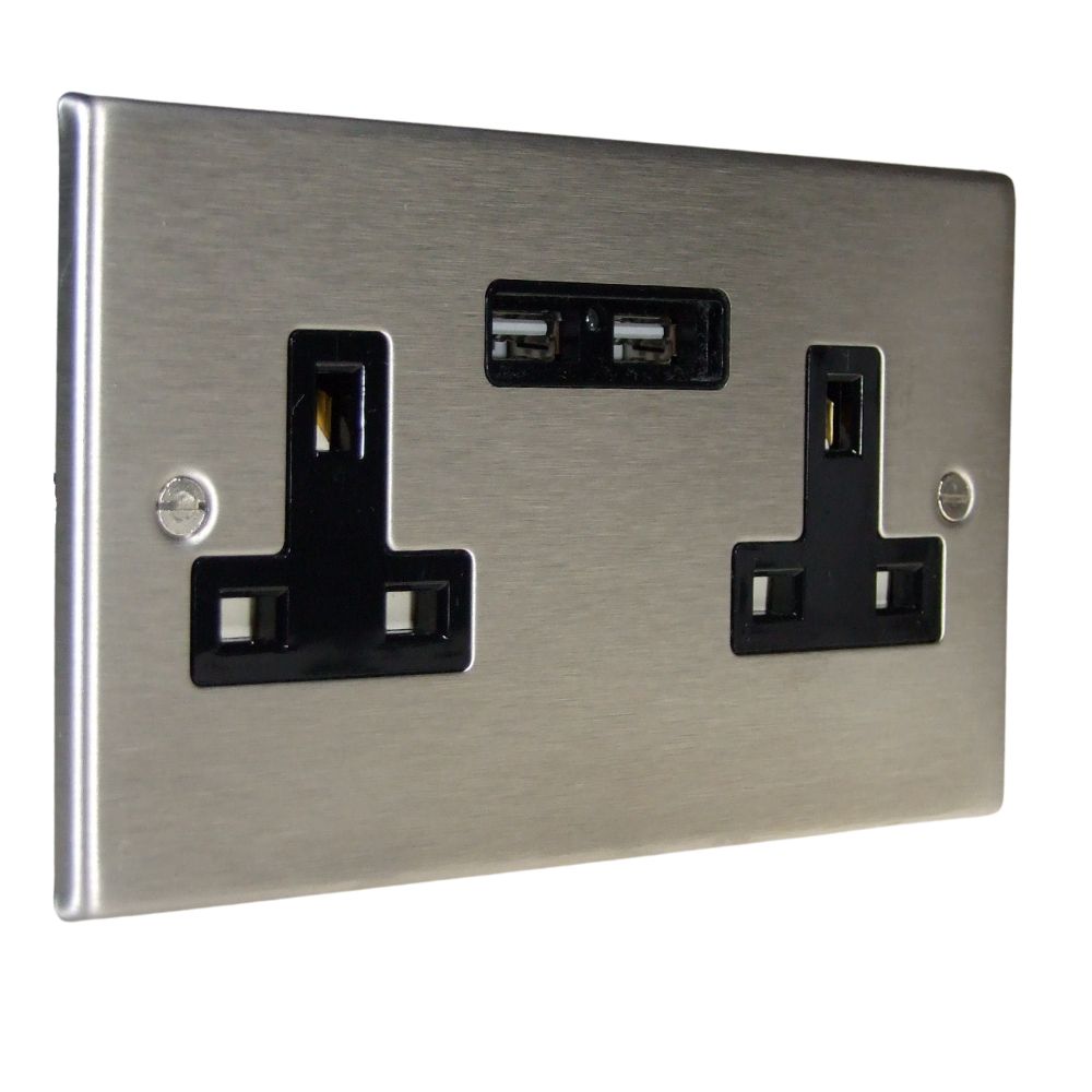 Satin Stainless Raised Metal Plate Unswitched Double Socket with USB Black