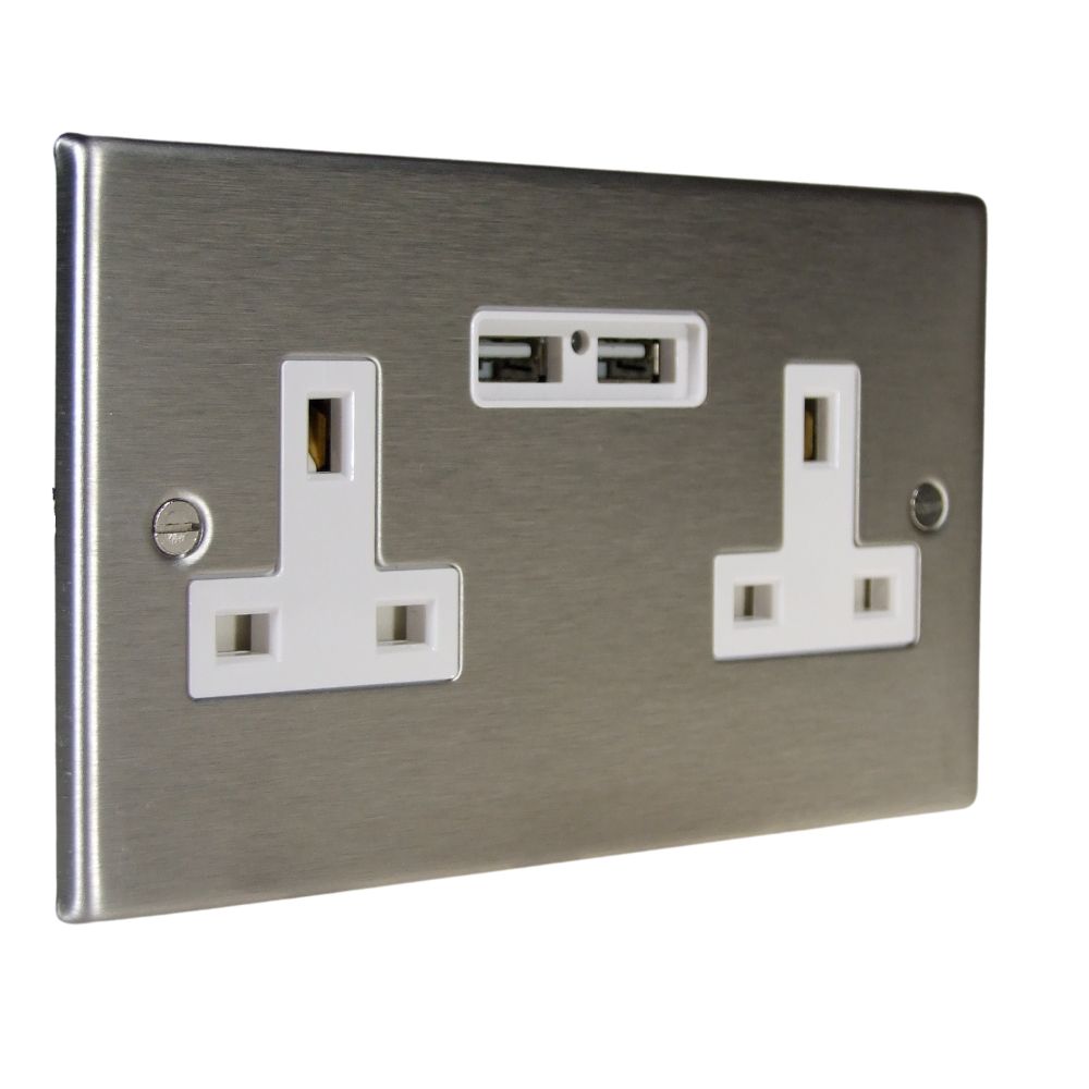 Satin Stainless Raised Metal Plate Unswitched Double Socket with USB White