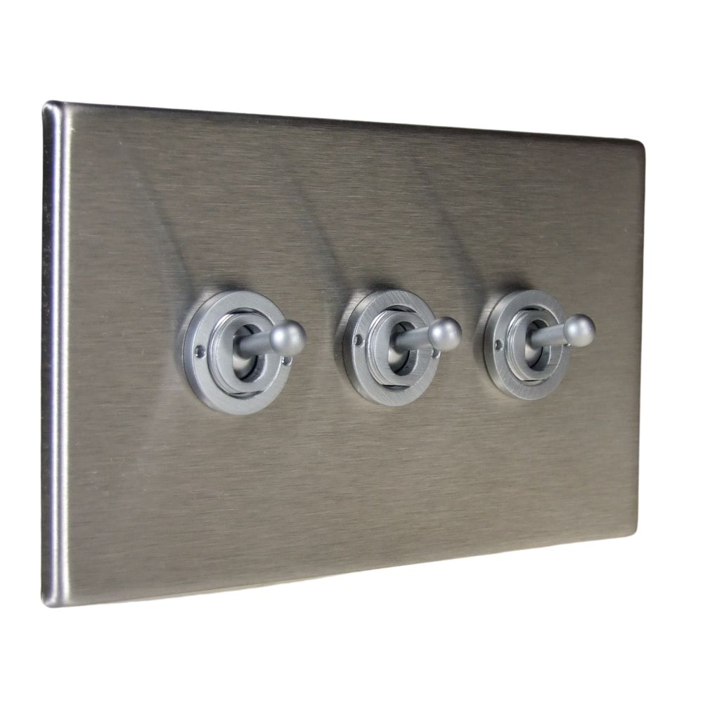 Satin Stainless Raised Metal Plate Triple Light Switch Period Toggle