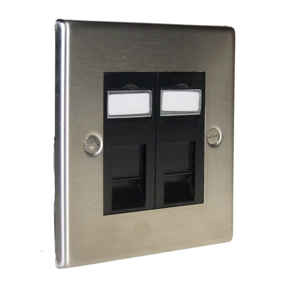 Satin Stainless Raised Metal Plate Double RJ45 Cat 6 Black