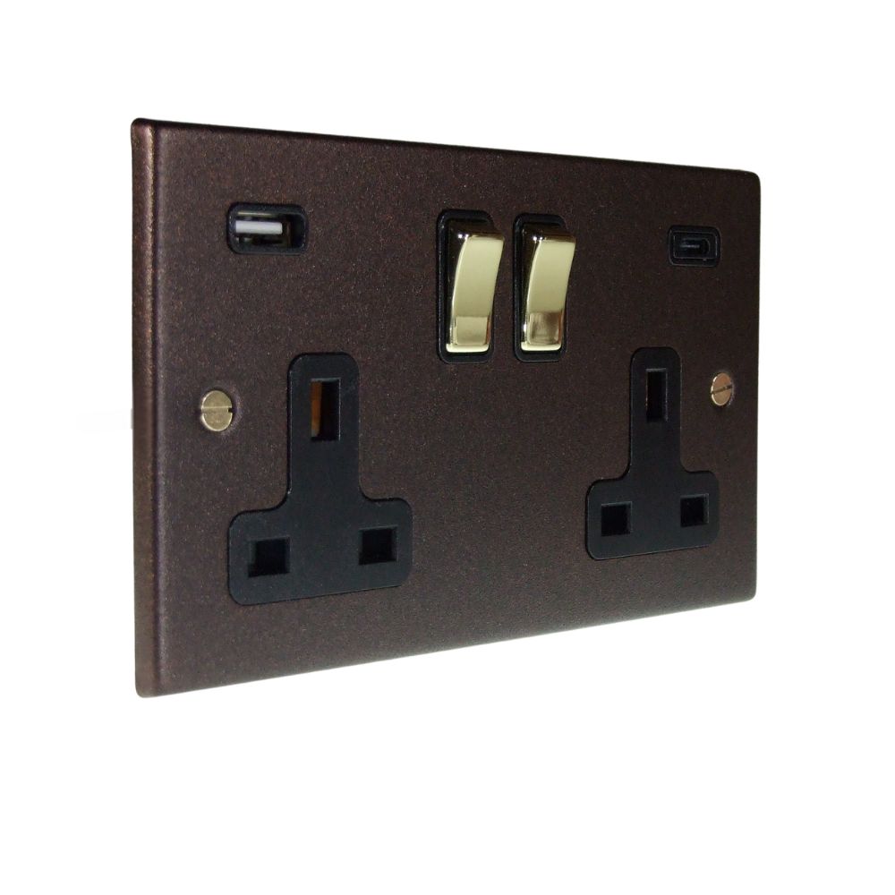 Copper Bronze Raised Metal Plate Double Switched USB A+C Socket Polished Brass and Black
