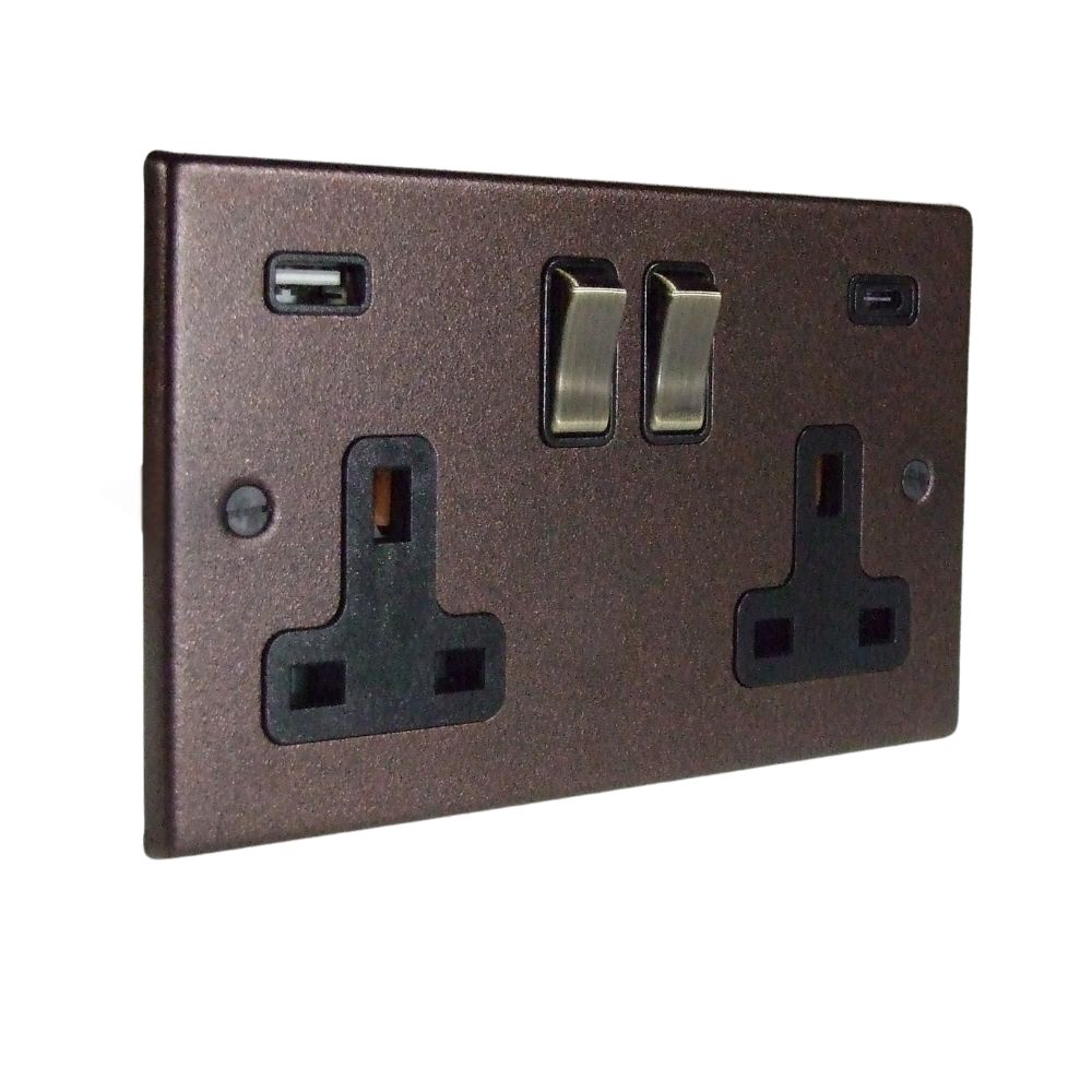 Copper Bronze Raised Metal Plate Double Switched USB A+C Socket Antique Brass and Black