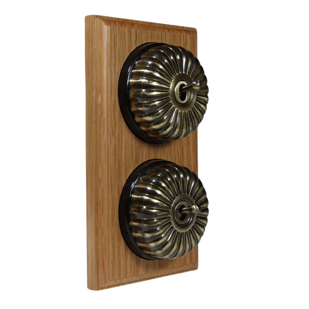 Period Fluted Antique Brass Dome Double Dolly Light Switch Medium Oak Black Vertical