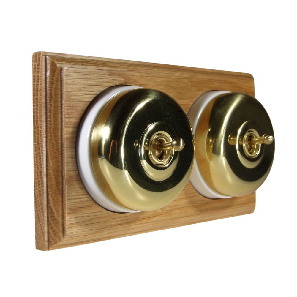 Period Smooth Polished Brass Dome Double Dolly Light Switch Oak White Horizontal
