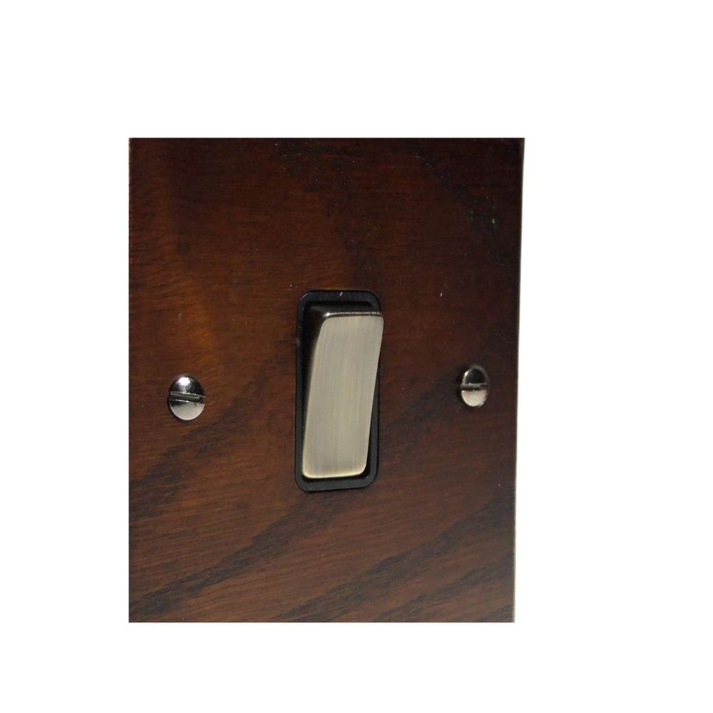 Bevelled Dark Oak Single Light Switch  Antique Brass and Black
