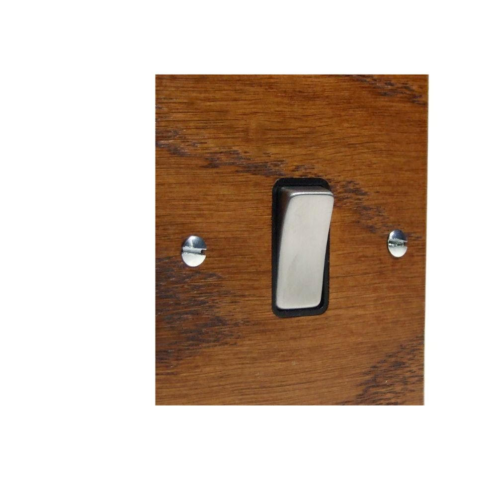 Bevelled Medium Oak Single Light Switch Satin Stainless and Black