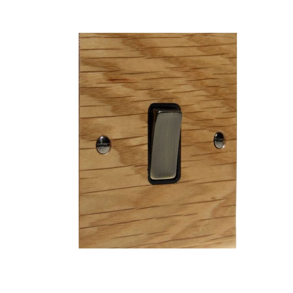 Bevelled Oak Single Light Switch Antique Brass and Black