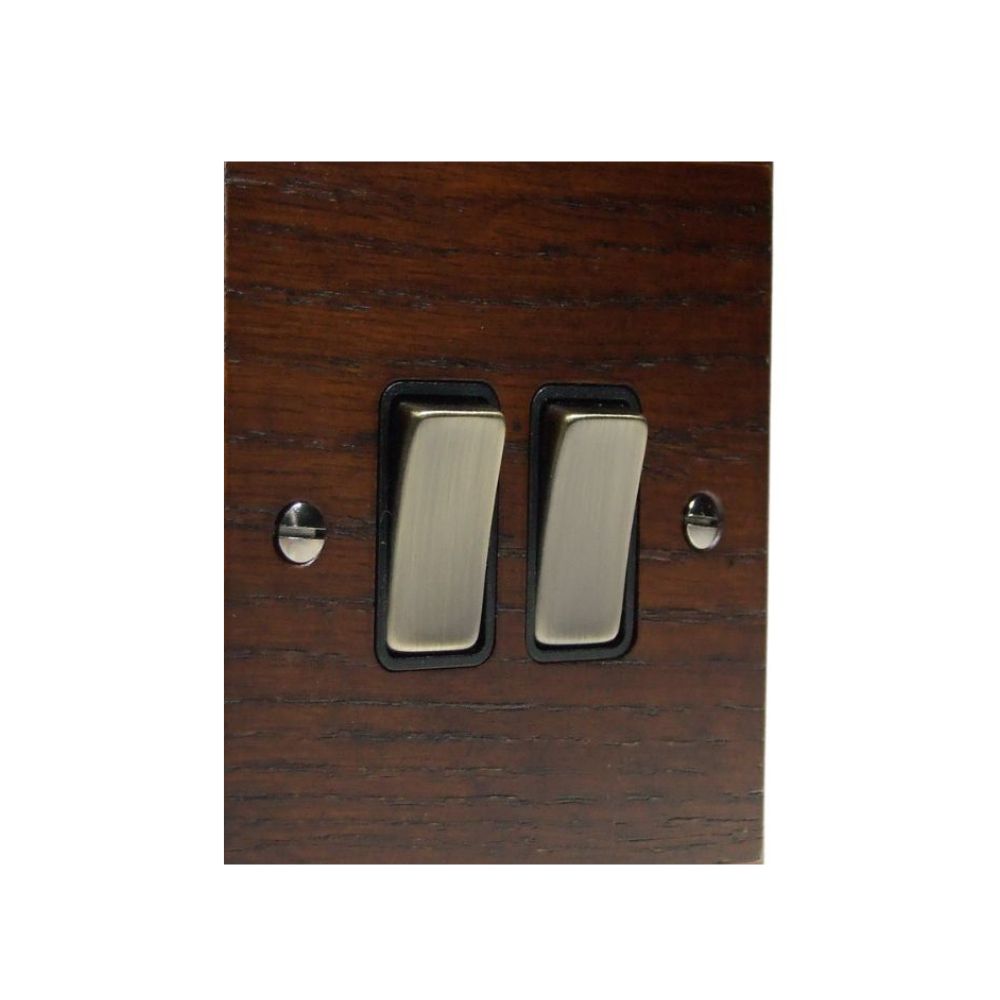 Bevelled Dark Oak Double Light Switch Antique Brass and Black
