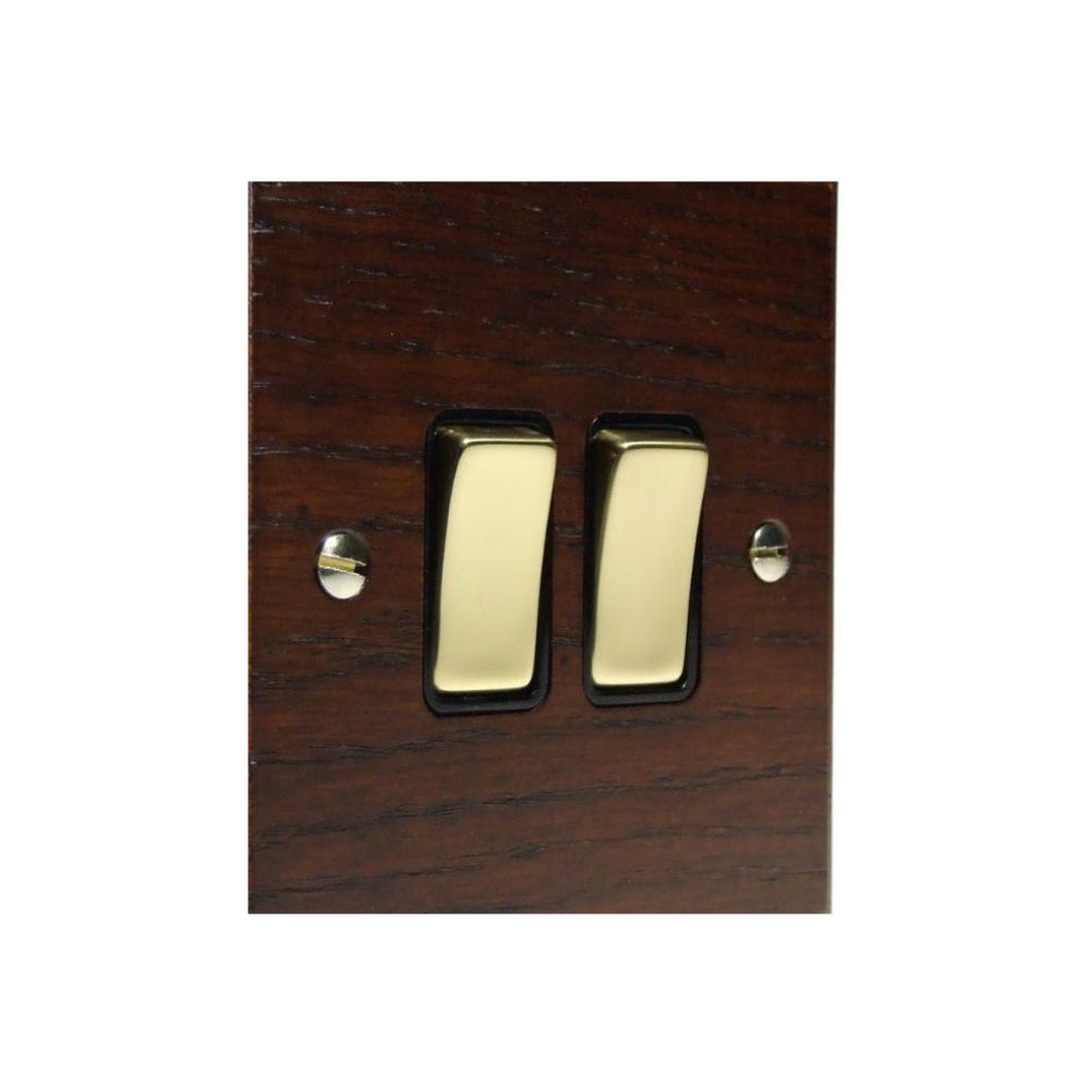 Bevelled Dark Oak Double Light Switch Polished Brass and Black