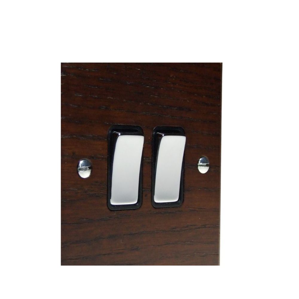 Bevelled Dark Oak Double Light Switch Polished Chrome and Black