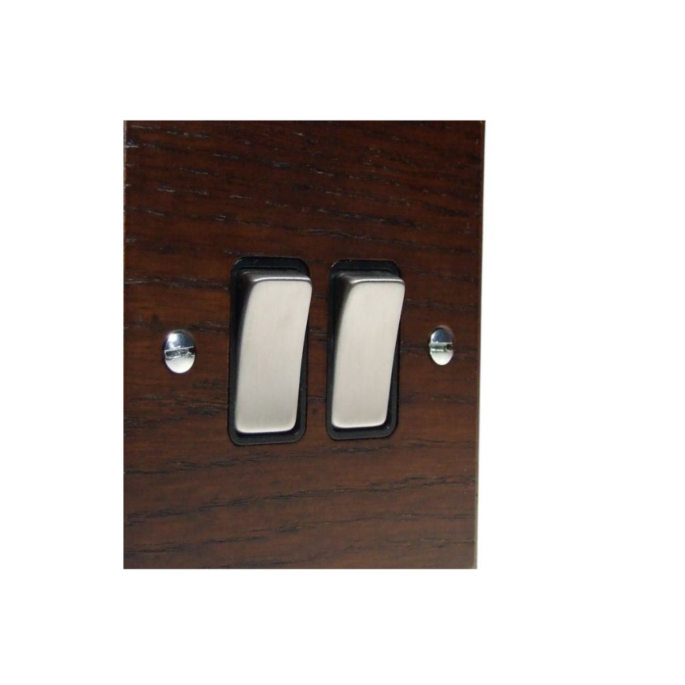 Bevelled Dark Oak Double Light Switch Satin Stainless and Black