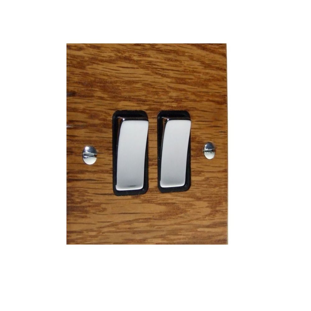 Bevelled Medium Oak Double Light Switch Polished Chrome and Black