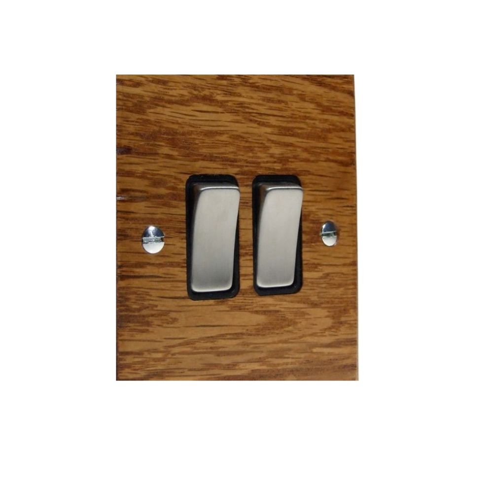 Bevelled Medium Oak Double Light Switch Satin Stainless and Black