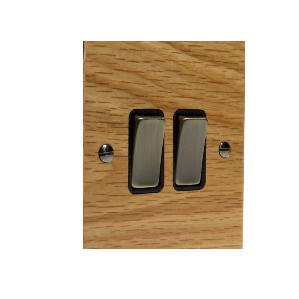 Bevelled Oak Double Light Switch Antique Brass and Black