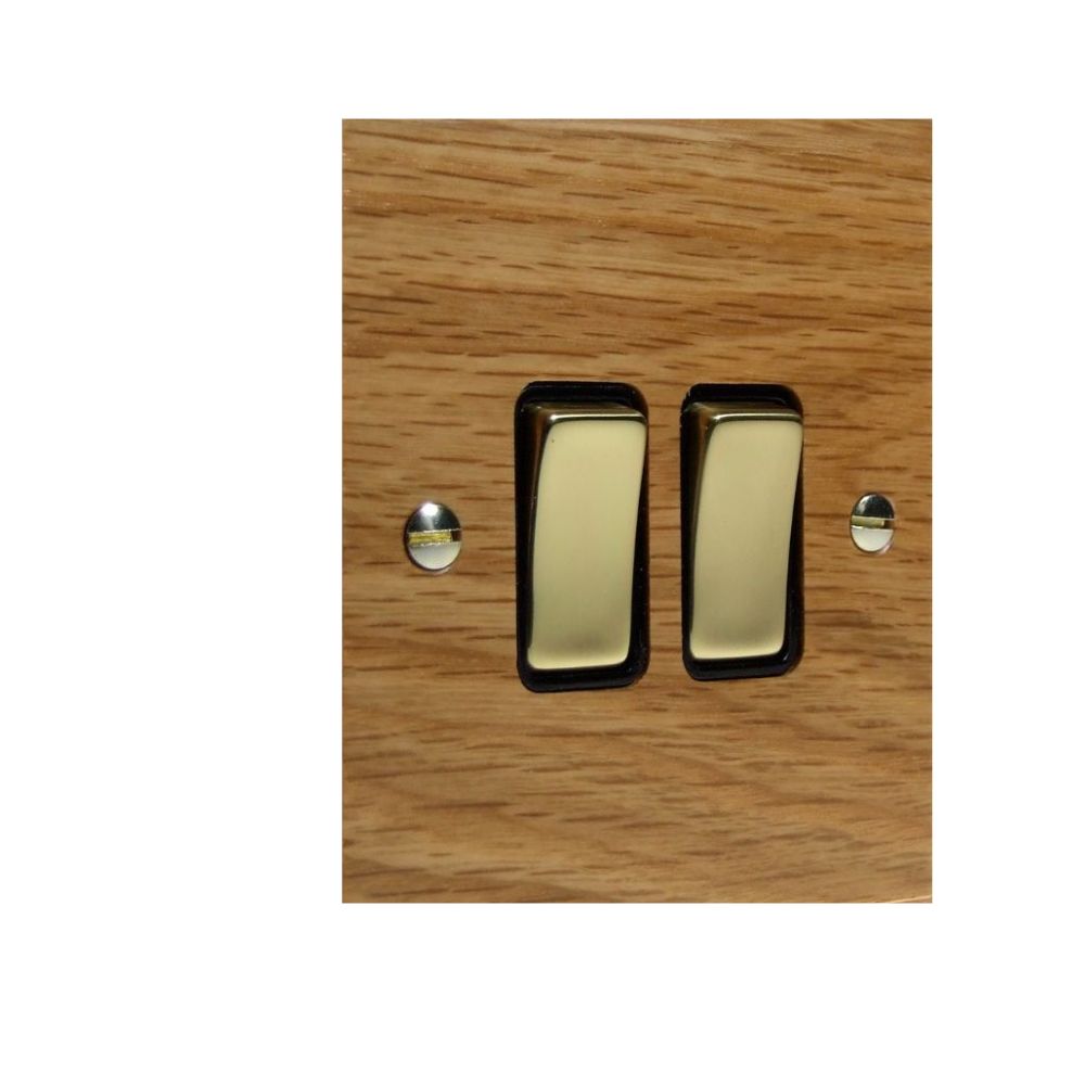 Bevelled Oak Double Light Switch Polished Brass and Black