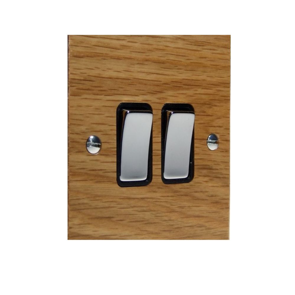 Bevelled Oak Double Light Switch Polished Chrome and Black
