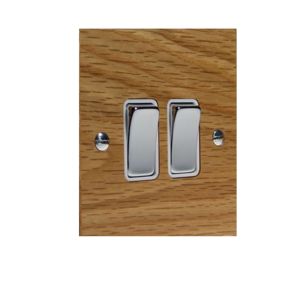 Bevelled Oak Double Light Switch Polished Chrome and White