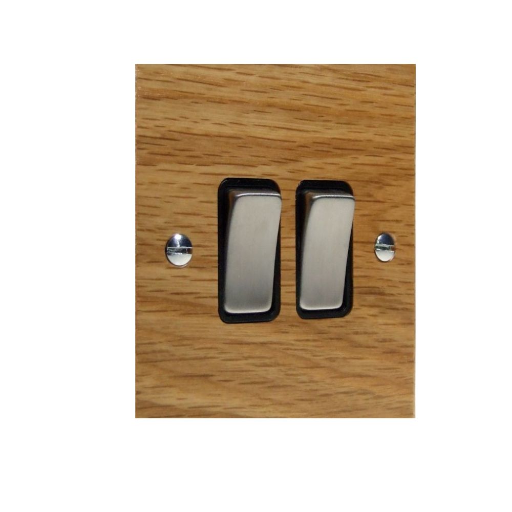 Bevelled Oak Double Light Switch Satin Stainless and Black
