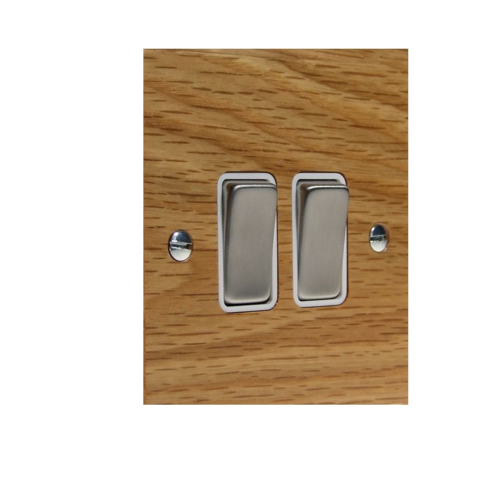 Bevelled Oak Double Light Switch Satin Stainlss and White