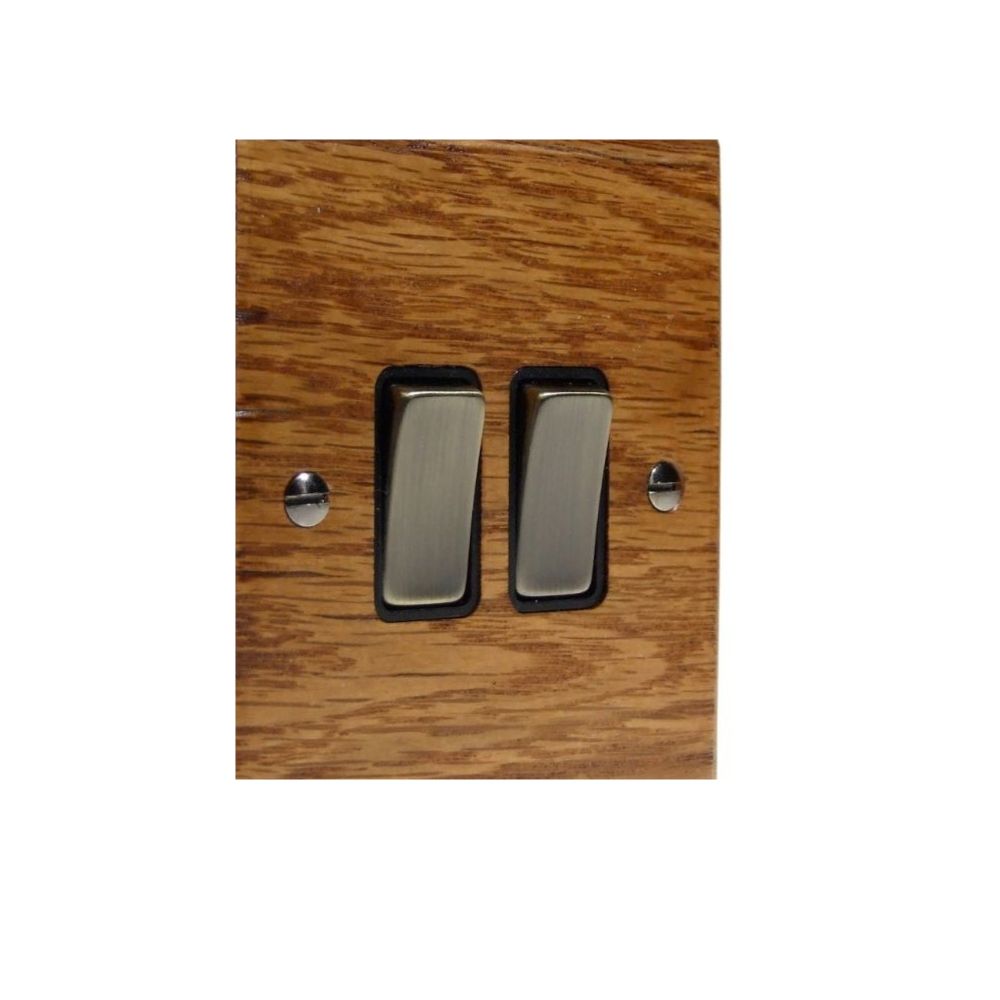 Bevelled Medium Oak Double Light Switch Antique Brass and Black