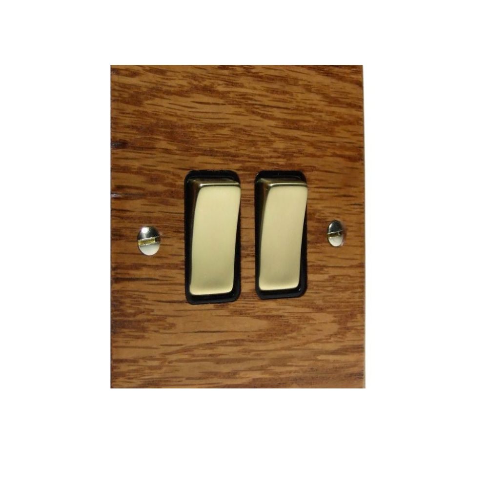 Bevelled Medium Oak Double Light Switch Polished Brass and Black