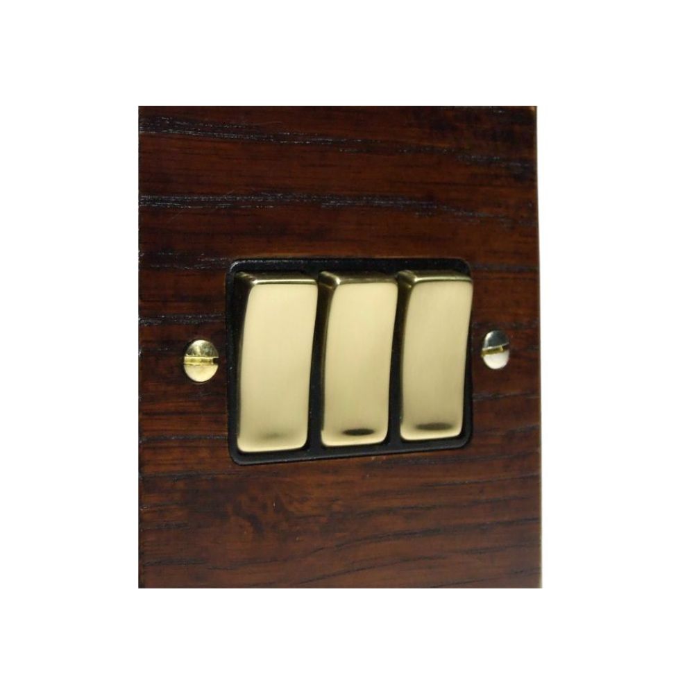 Bevelled Dark Oak Triple Light Switch Polished Brass and Black