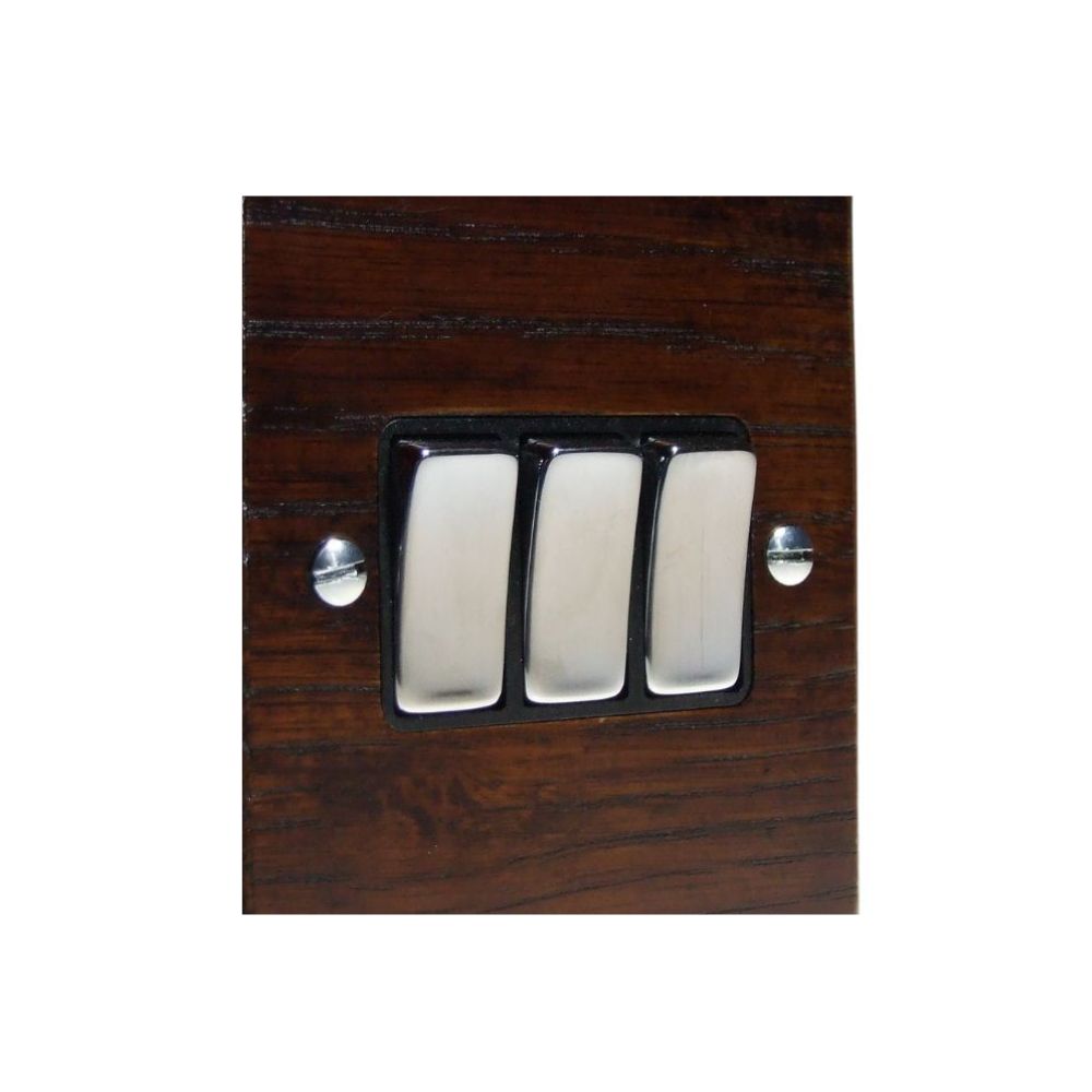 Bevelled Dark Oak Triple Light Switch Polished Chrome and Black