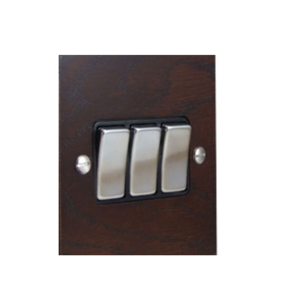 Bevelled Dark Oak Triple Light Switch Satin Stainless and Black