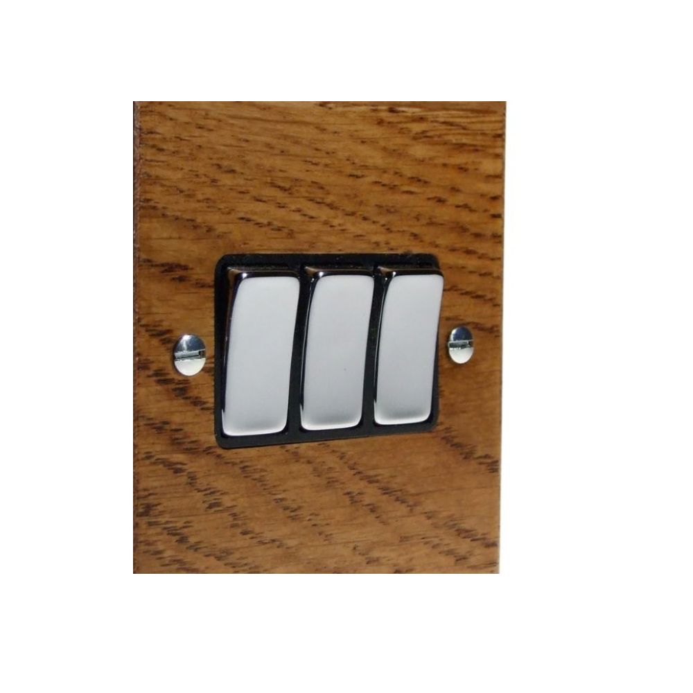 Bevelled Medium Oak Triple Light Switch Polished Chrome and Black