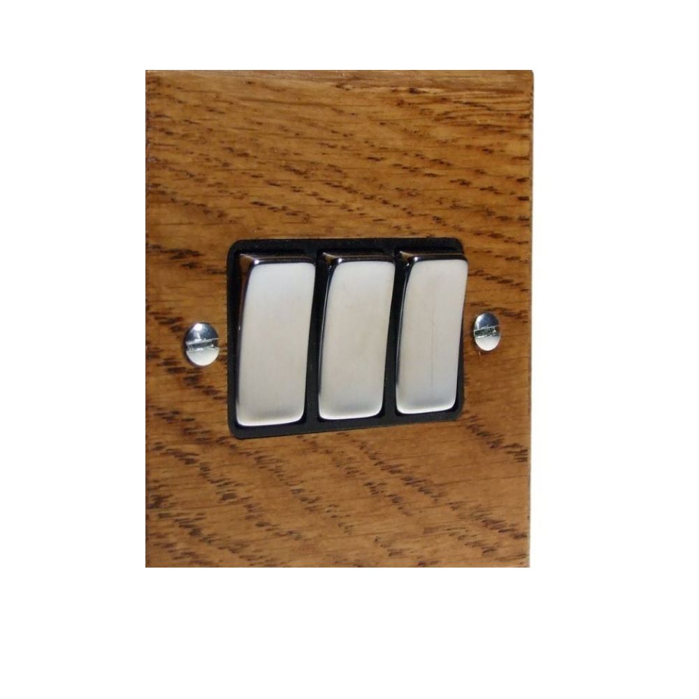 Bevelled Medium Oak Triple Light Switch Satin Stainless and Black
