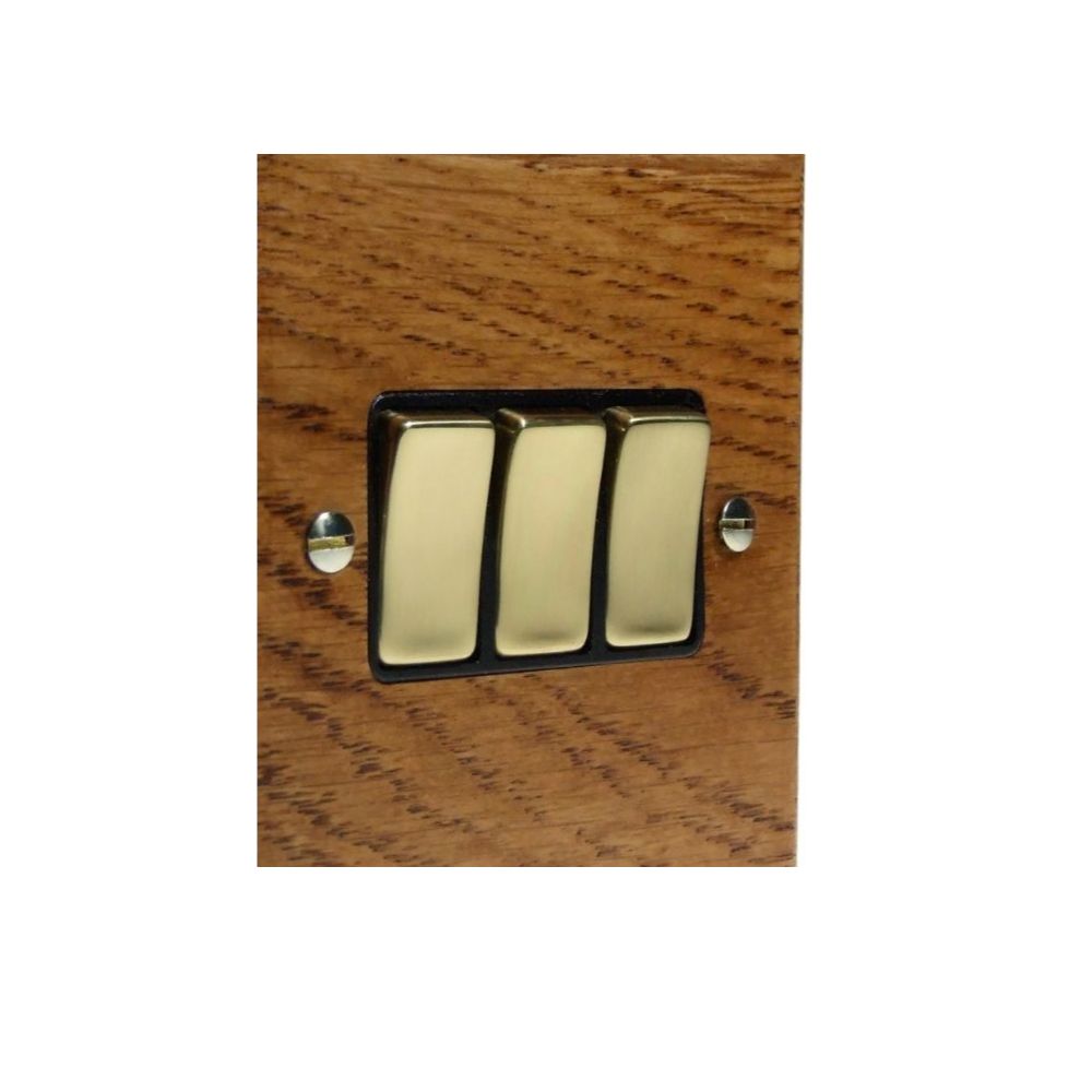Bevelled Medium Oak Triple Light Switch Polished Brass and Black