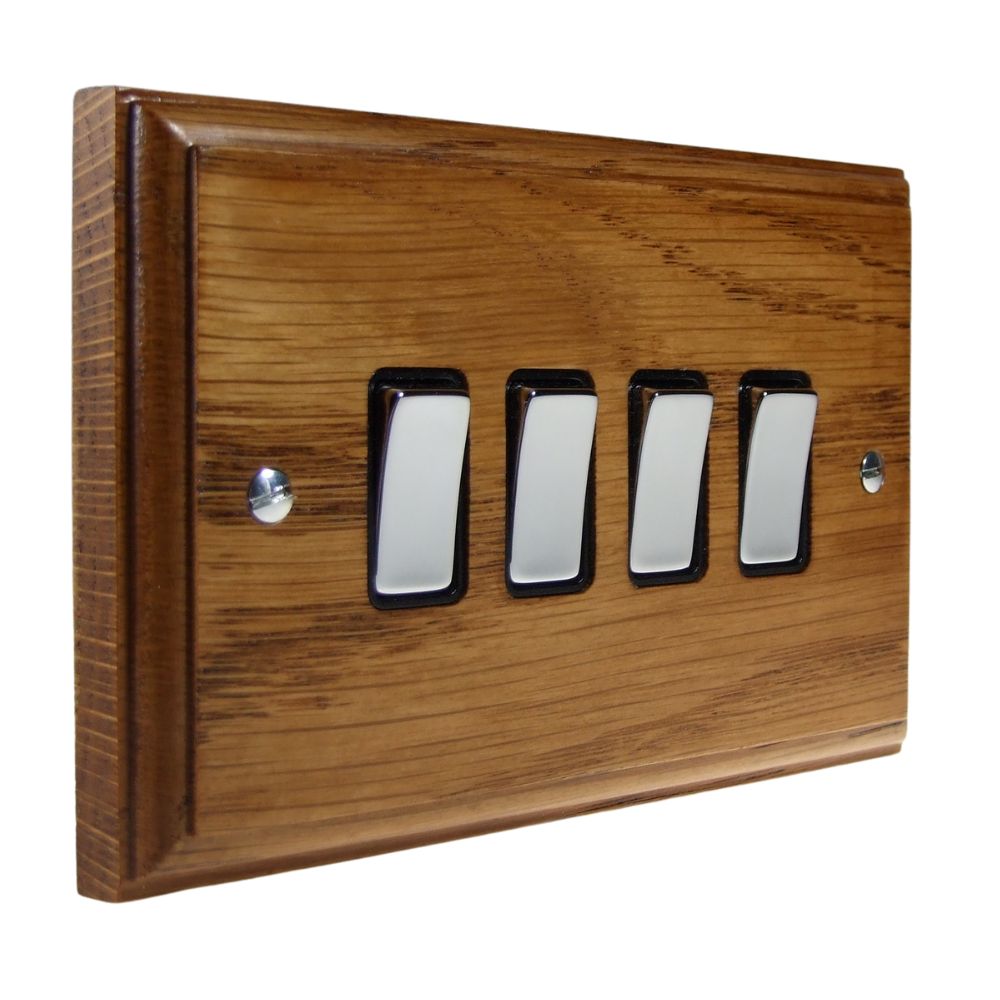 Classic Medium Oak 4 Switch Light Switch Polished Chrome and Black