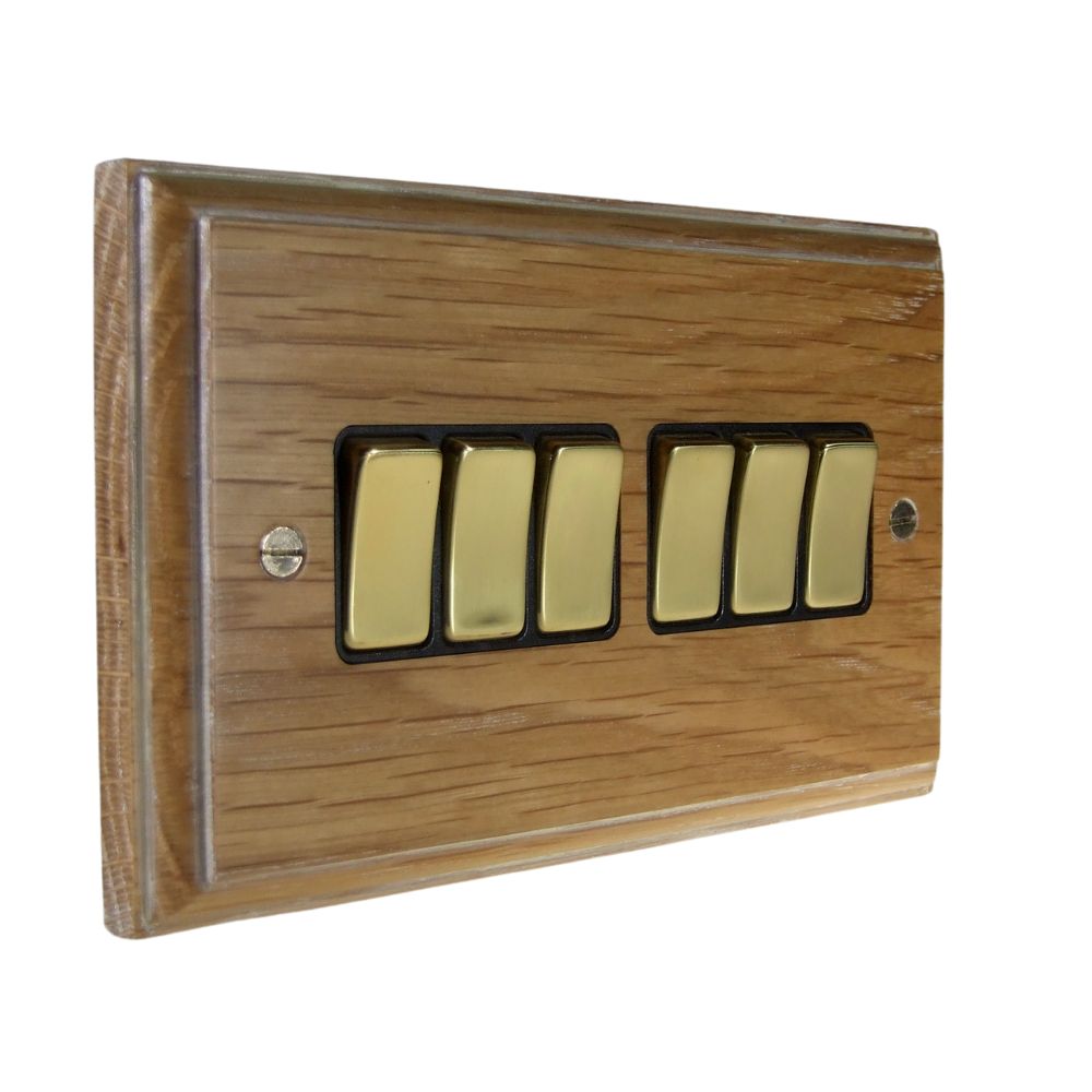 Classic Limed Oak 6 Switch Light Switch Polished Brass and Black