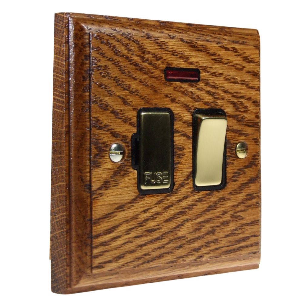 Classic Medium Oak Switch Fuse Spur Polished Brass and Black with Neon